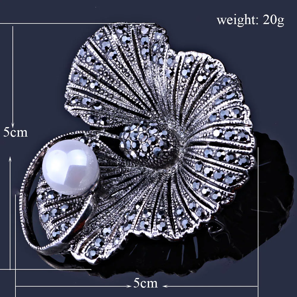

FARLENA Jewelry Imitation Pearl Brooches Pins for Women Suit Hats Clips Black Gun Plated Rhinestones leaf Brooch