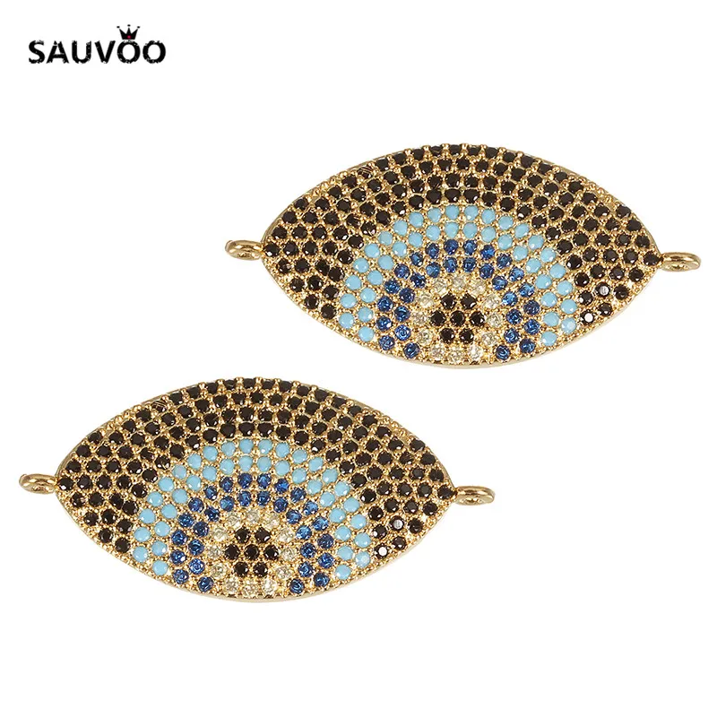 SAUVOO 2pcs/lot Copper Black Gold Color Zircon Crystal Rhinestone Fatima Eye Bracelet Charms Connector 17*33mm DIY Jewelry | Украшения и