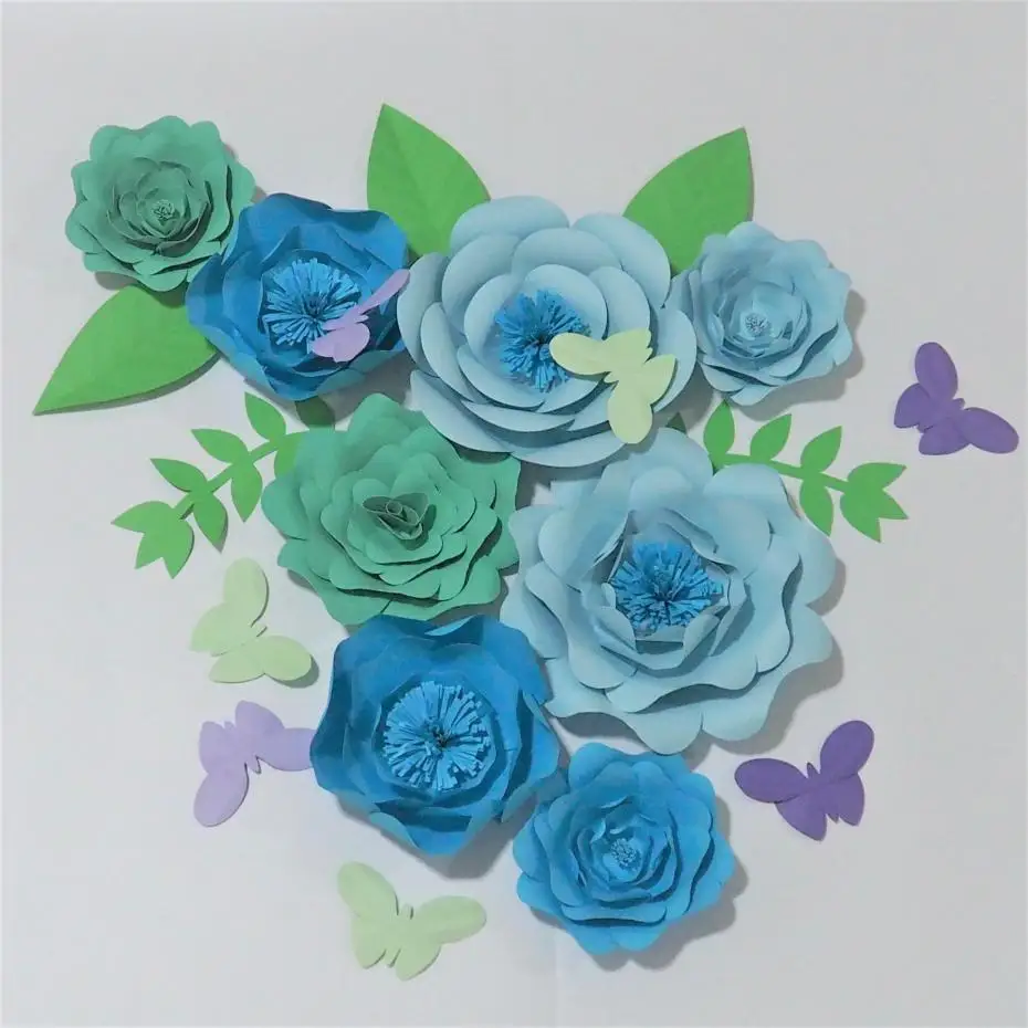 

2018 Assembled Set 8 Giant Paper Flowers 5 Leaves 7 Butterflies For Wedding Backdrop Baby Nursery Baby Shower Living Room Deco