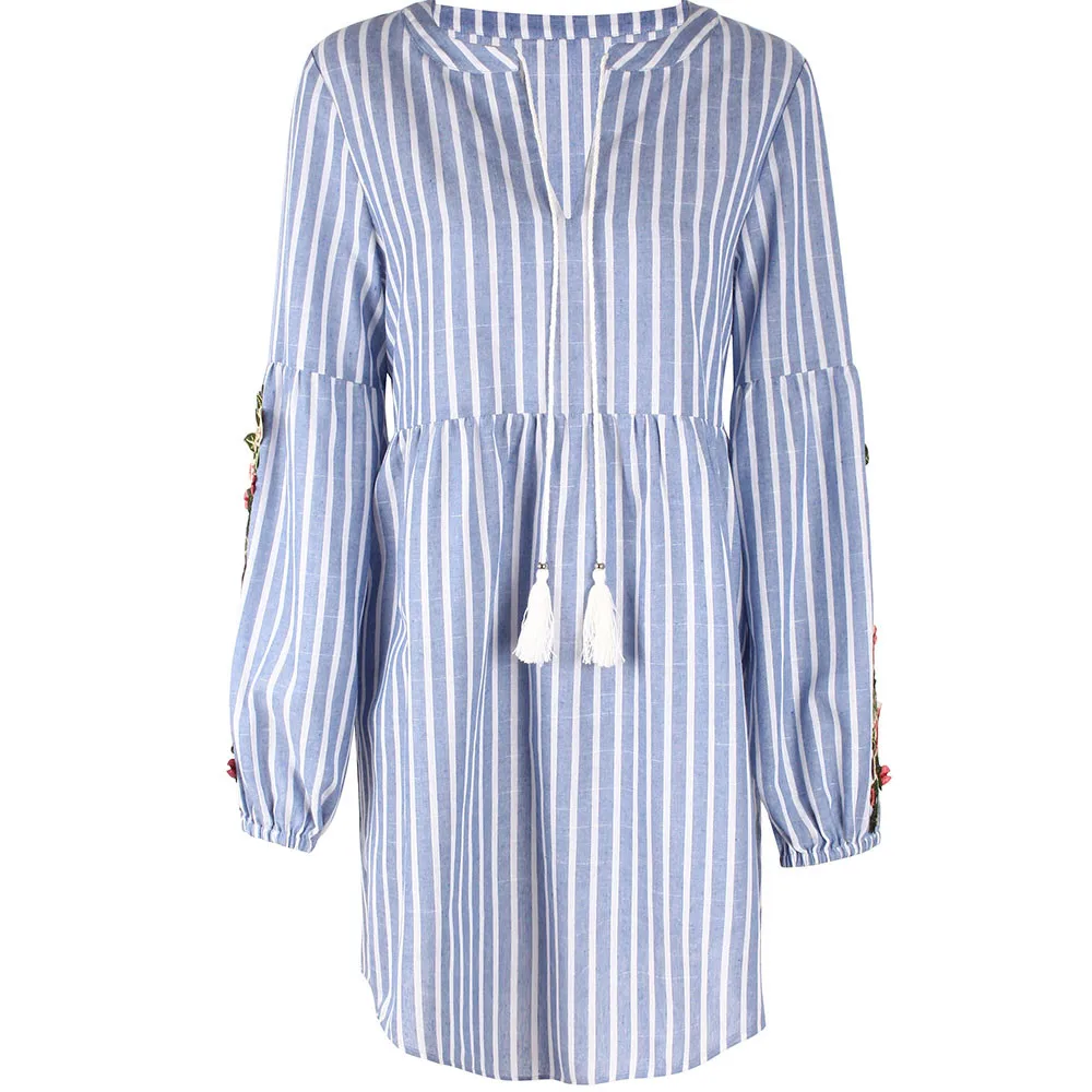 

Women Drawstring Dress Long-Sleeve Stripes Dress Embroidery Straight Dress Above-Length Cotton V-Neck Vestidos De Festa Harajuku