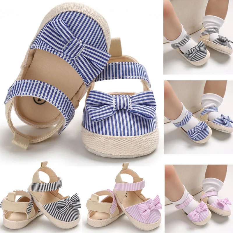 

2019 Children Summer Shoes Newborn Infant Baby Girl Boy Soft Crib Shoes Infants Anti-slip Sneaker Striped Bow Prewalker 0-18M