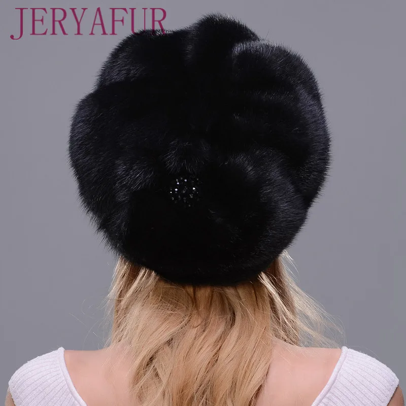 JERYAFUR 2018 Russian hat winter woman fur style cloak real mink Black women's protective ear | Аксессуары для одежды