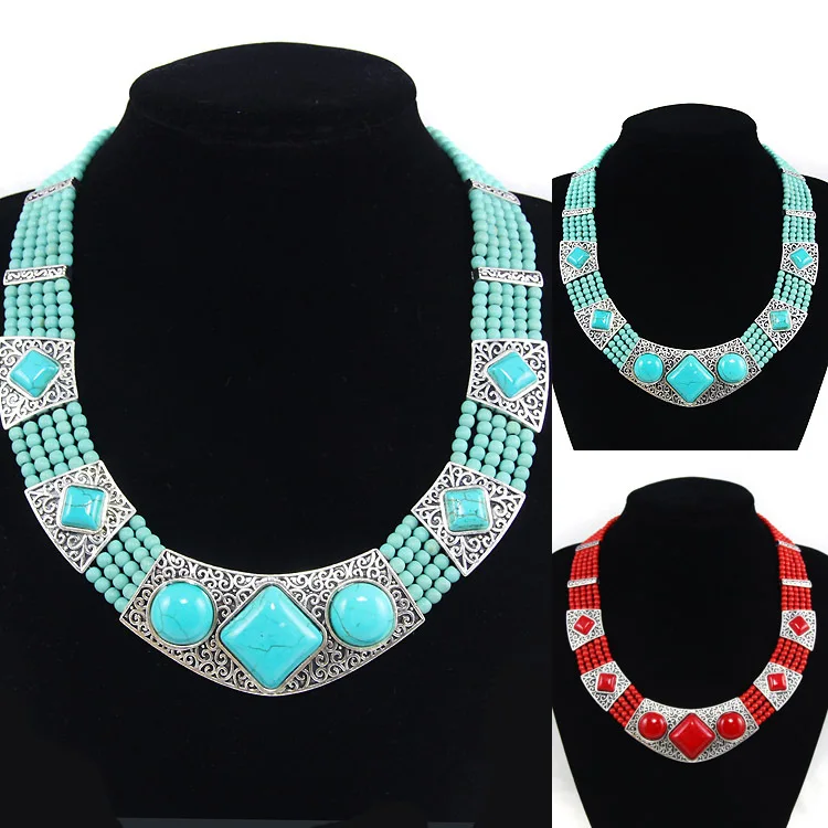 Этнические бусины ручной работы ожерелье из зеленого камня серебряный цвет с