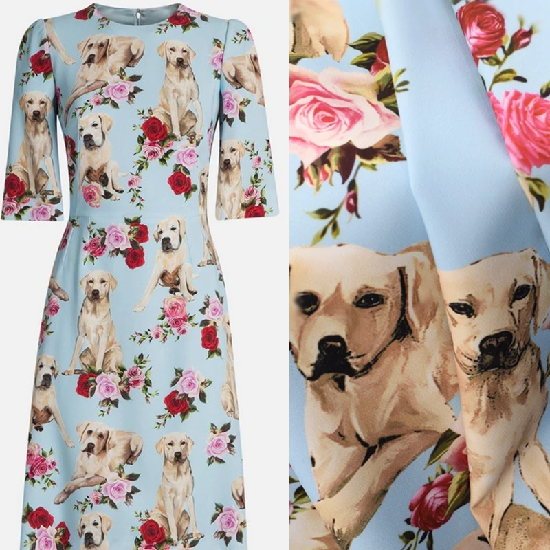 

2 colors Fashion Rose dog digital painting fine twill satin fabric for dress plush fabrics tissu au metre telas tissus patchwork