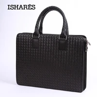 ishares fashion superior cowhide leather accordion style men handbag genuine leather male casual leather weave briefcase 3259 1