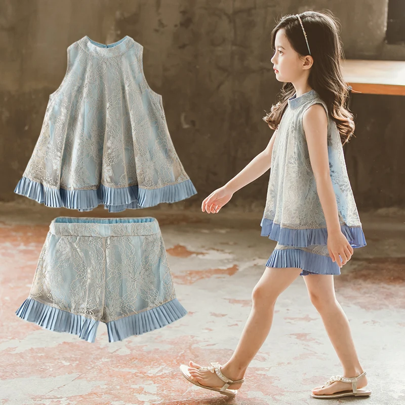 Летние наряды для девочек комплект одежды кружевной топ + брюки со складками