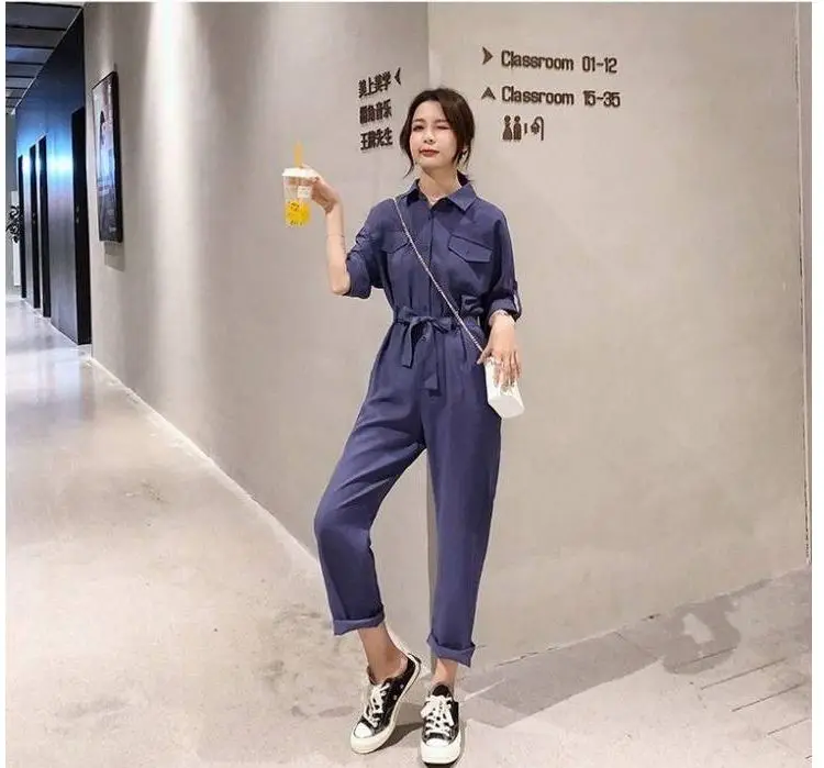 Женский однотонный комбинезон шаровары с карманами и высокой талией женский