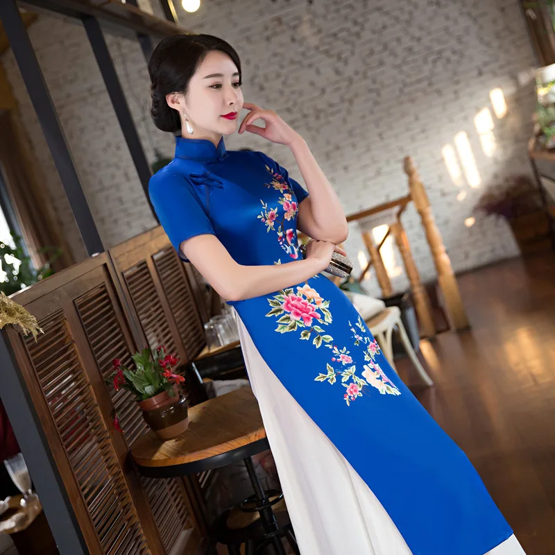 Синий Новый стиль аозай Винтаж этнические AoDai короткое китайское платье-Ципао с