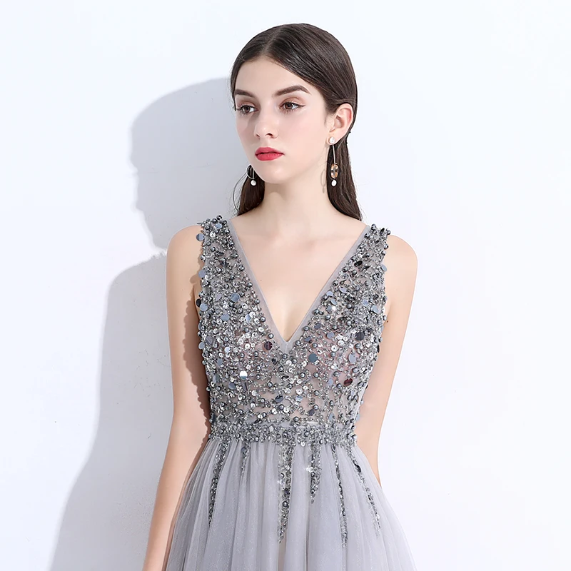 

Light Grey Backless Prom Dresses Long Gala Jurken Tulle Beaded Vestido Formatura Sleeveless Slit Prom Dress Women Evening Dress