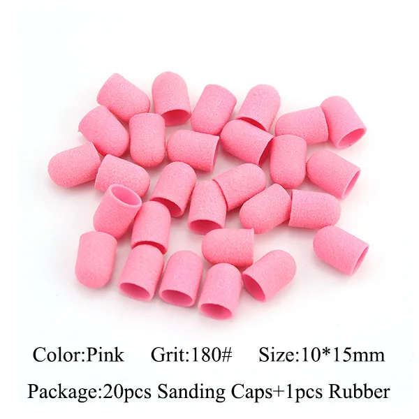 Pink-180 grit 20шт 10*15 мм электрическое сверло для ногтей пластиковая основа шлифовальные колпачки резиновый захват фрезы для маникюра педикюра Дрель аксессуары - Цвет: Pink-180 grit