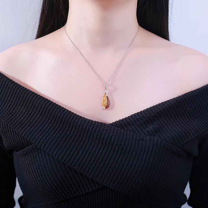 JIUDUO 925 Sterling Silver Amber Pendant Necklace Classic Natural Women's Long Yellow and Red Necklaces | Украшения и
