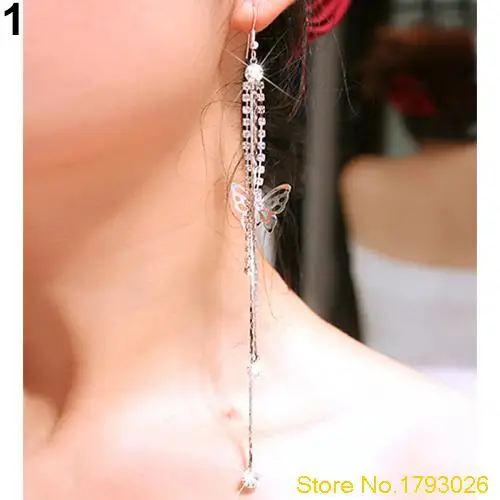 Cute Butterfly Rhinestone Drop Long Tassels Chain Women's Harness Earrings 4TPI | Украшения и аксессуары
