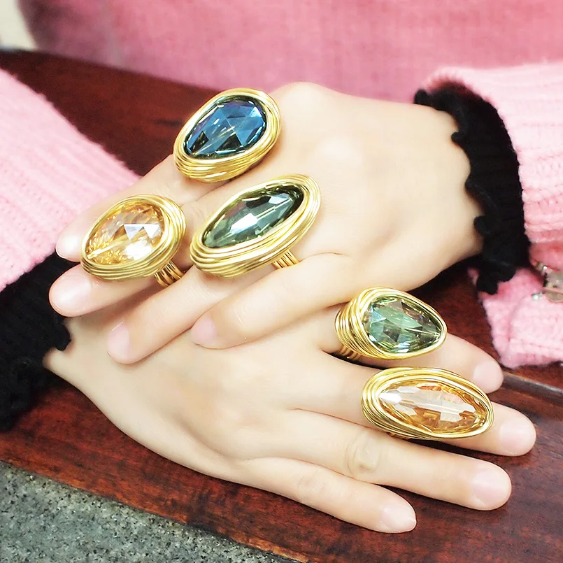 

Big Crystal Rings For Women Handmade Metal Wire Statement Finger Rings Accessories Party Wedding Jewelry UKMOC