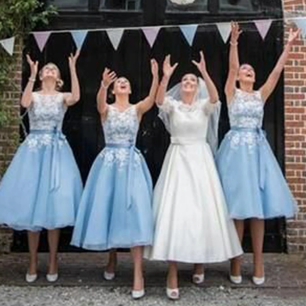 

blue bridesmaid dresses 2019 lace crew neckline bow sashes tulle tea length maid of honor dresses wedding party dresses