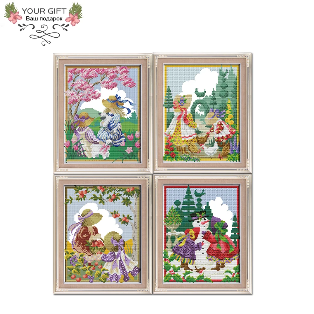 

Joy Sunday Girl Home Decor RA081 RA082 RA083 RA084 14CT 11CT Counted Stamped Four Seasons Girls Needlework Cross Stitch kit