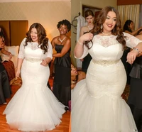 plus size mermaid wedding dresses with sashes beaded sheer scoop neck half sleeve appliqued backless bridal gowns custom made