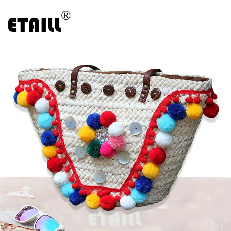 Красочные помпон женская летняя плетеная Солома Пляжная сумка бренд известный