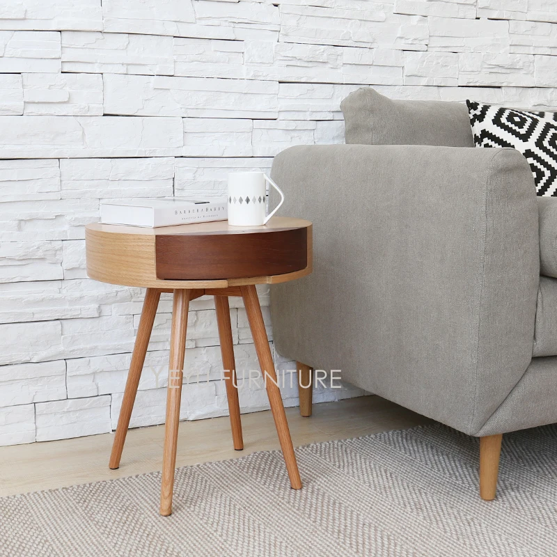 Деревянный боковой столик современного дизайна с ящиком для хранения угловой