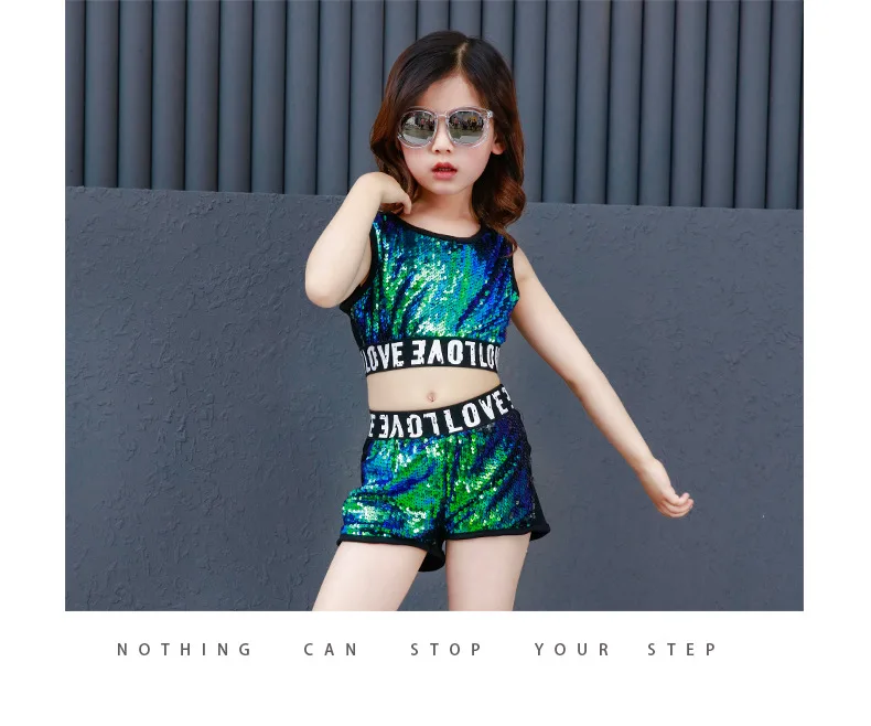 

Fashion green girls sequin costumes 3-16 Years kids baby girl clothes set children hooded hip hop stage dance wear outfits