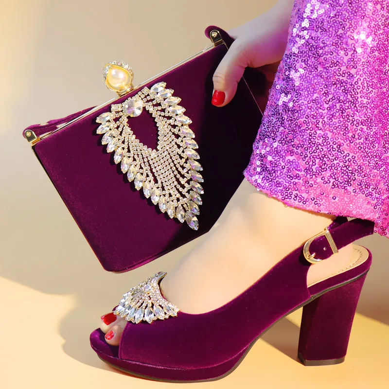 

New Fuchsia Elegant Shoe And Bags With Crystal Beautifu Velvet Shoes and bag Nigerian Party Pump Luxury Shoes Women Shoe and Bag