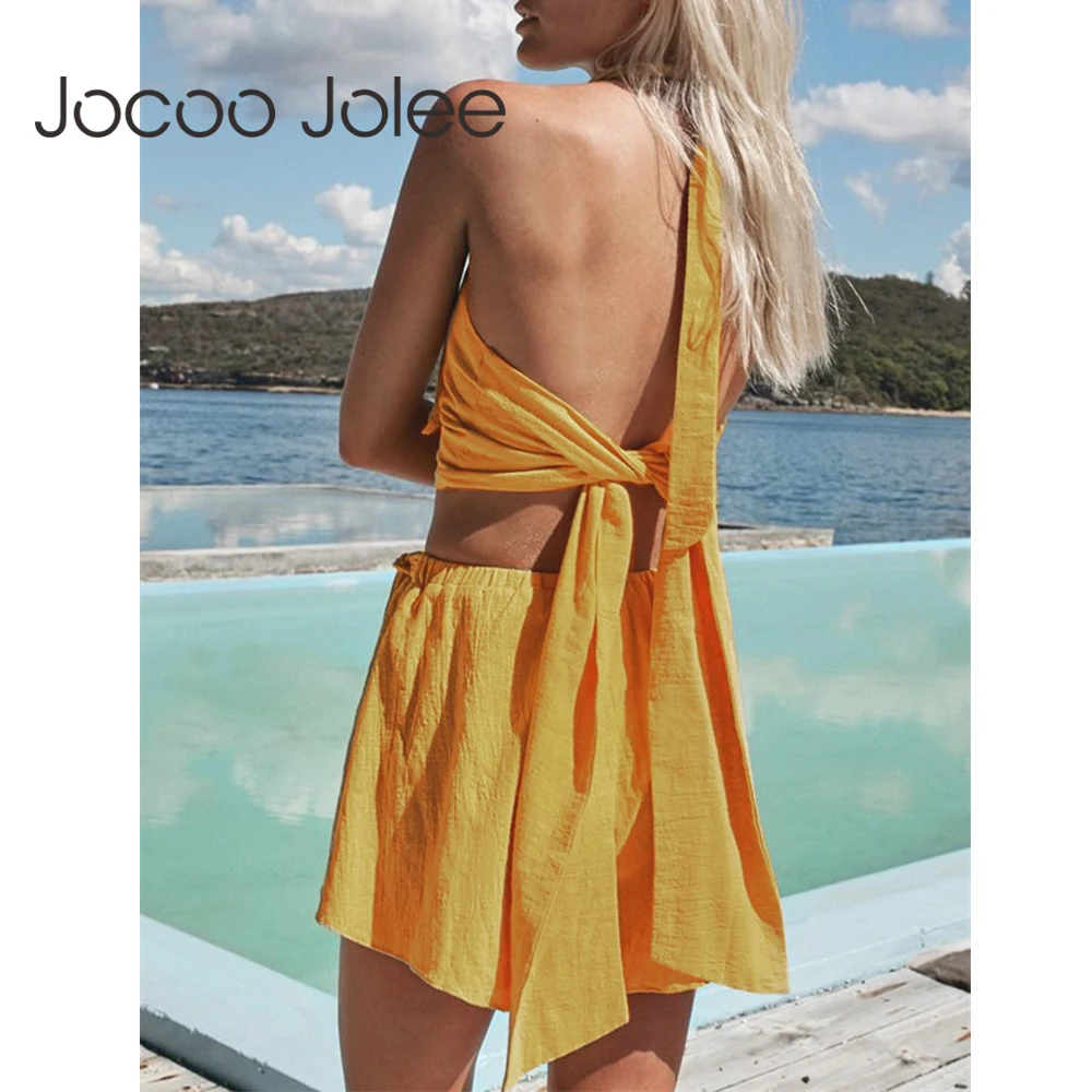 Jocoo Jolee сексуальный женский комбинезон со шнуровкой сзади пляжный комплект из 2