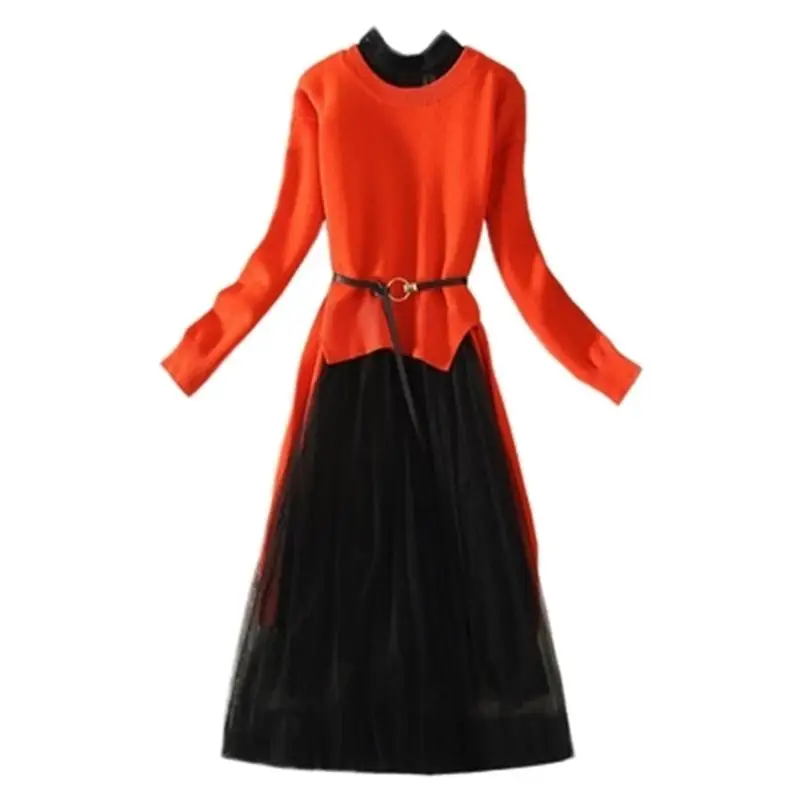 

Fashion suit Set dress 2018 new spring sweater dress +mesh dress two suit skirt women
