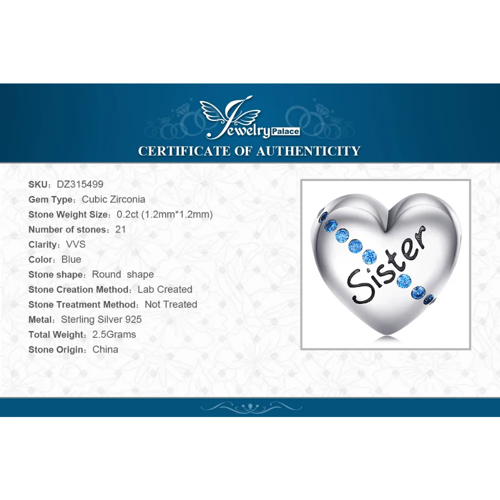 

JewelryPalace 925 Sterling Silver Engraved Sister Blue Cubic Zirconia Heart Charm Beads Fit Bracelets For Your Sister As Gifts