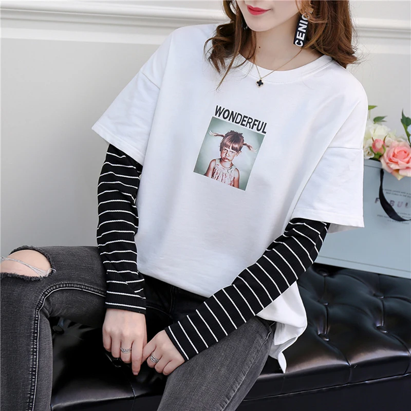 Новый модный пэчворк в полоску рукавом поддельные два женские топы Демисезонный