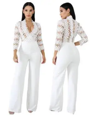 Белый женский комбинезон с длинным рукавом сексуальный вырезами элегантный