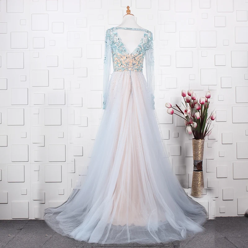 JANCEMBER синее и белое с кристаллами длинными рукавами элитное вечернее платье 2019