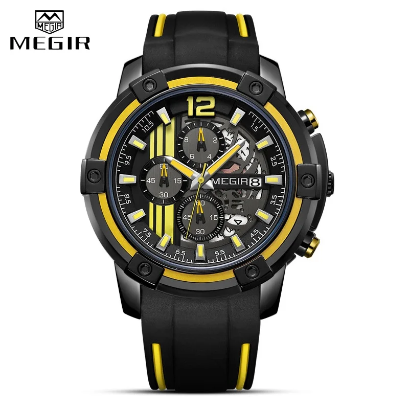 Relojes MEGIR часы для мужчин Роскошный хронограф силиконовые водонепроницаемый спортивный костюм в стиле милитари s часы Аналоговые Кварцевые Relogio Masculino - Цвет: Brown Yellow