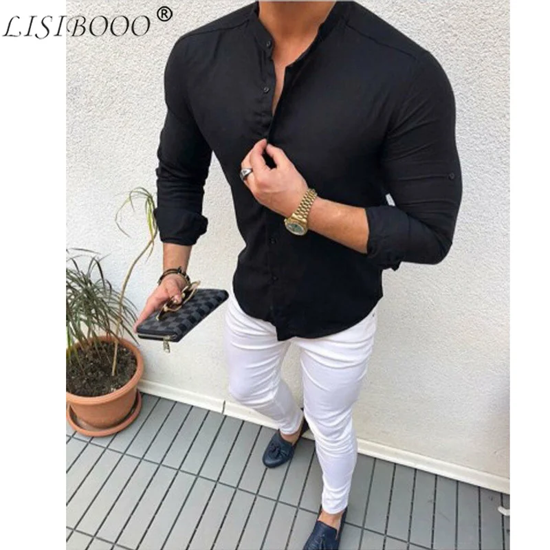 Мужская приталенная Повседневная рубашка с длинным рукавом воротником-стойкой