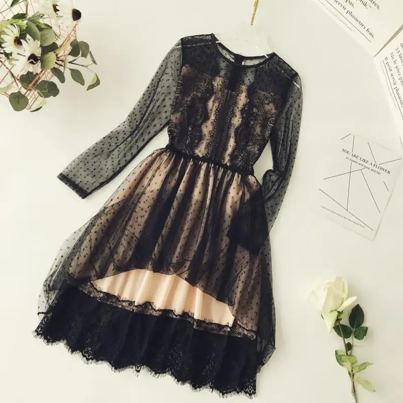 Осенние женские платья в ретро стиле элегантные кружевные черный
