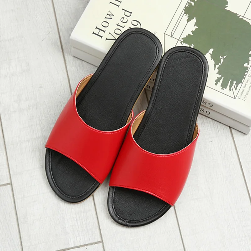 

Leather Slippers Summer Female/Male Indoor Non-slip Lovers Home Shoes TPR sole