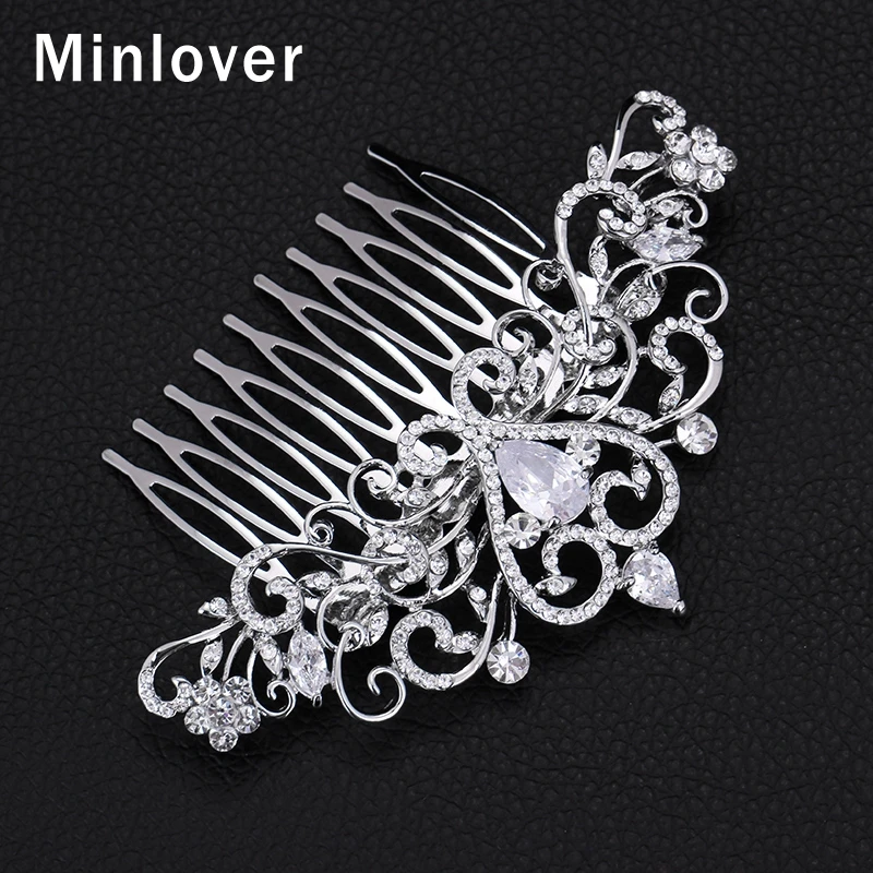 Женские заколки для волос Minlover серебристые с кристаллами романтические сердцем
