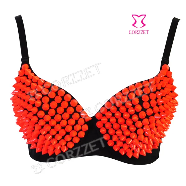 

New 2014 Sexy Party Clubwear Novelty Girl Women Bra Exotic Bras With Orange Spikes Rivet Studed Punk Bralet B Cup 32 34 36 38 40