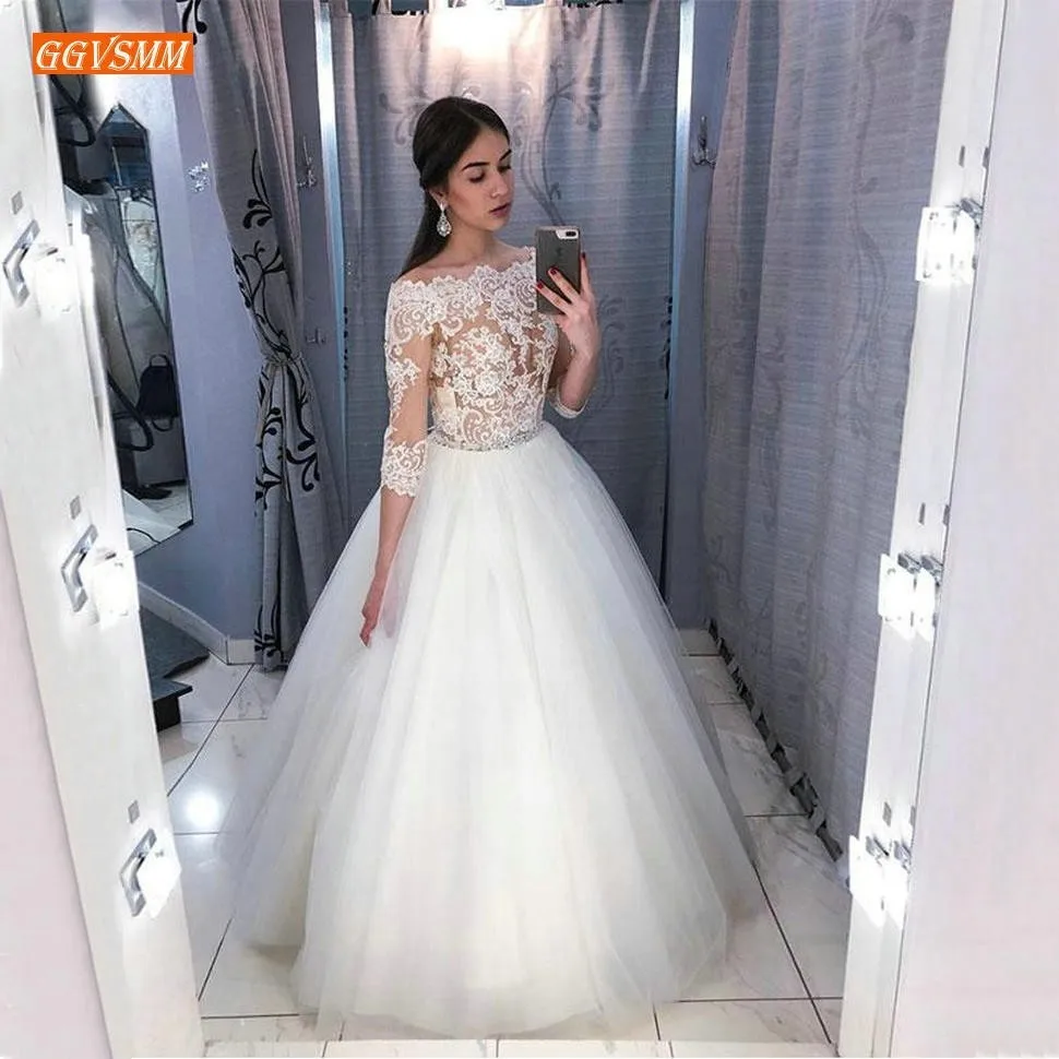 Элегантные прозрачные белые кружевные платья свадебное платье с рукавом 3/4 2020