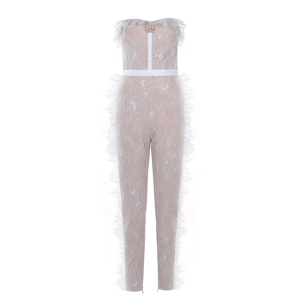 Apricot pink Абрикосовый розовый кружевной бандажный комбинезон с открытыми плечами и кисточками с элегантным цветком Новые вечерние женские сексуальные комбинезоны для подиума - Цвет: Apricot pink