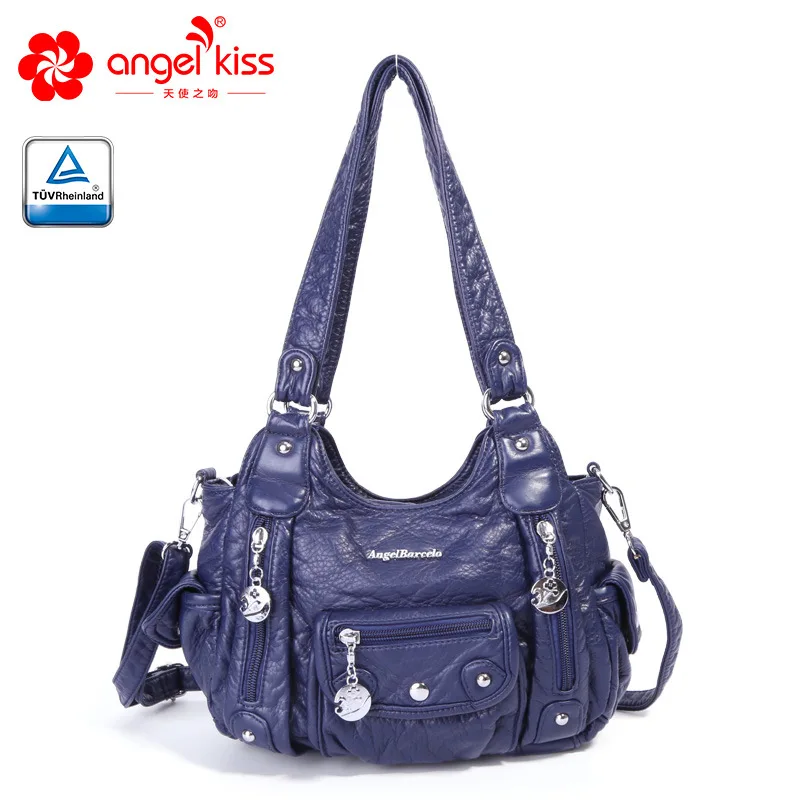 Синий Angelkiss Модные 2 Топ молния мягкий промытый из искусственной кожи Сумки ранцы для женщин курьерские сумки кошельки с бесплатным подарком - Цвет: Синий