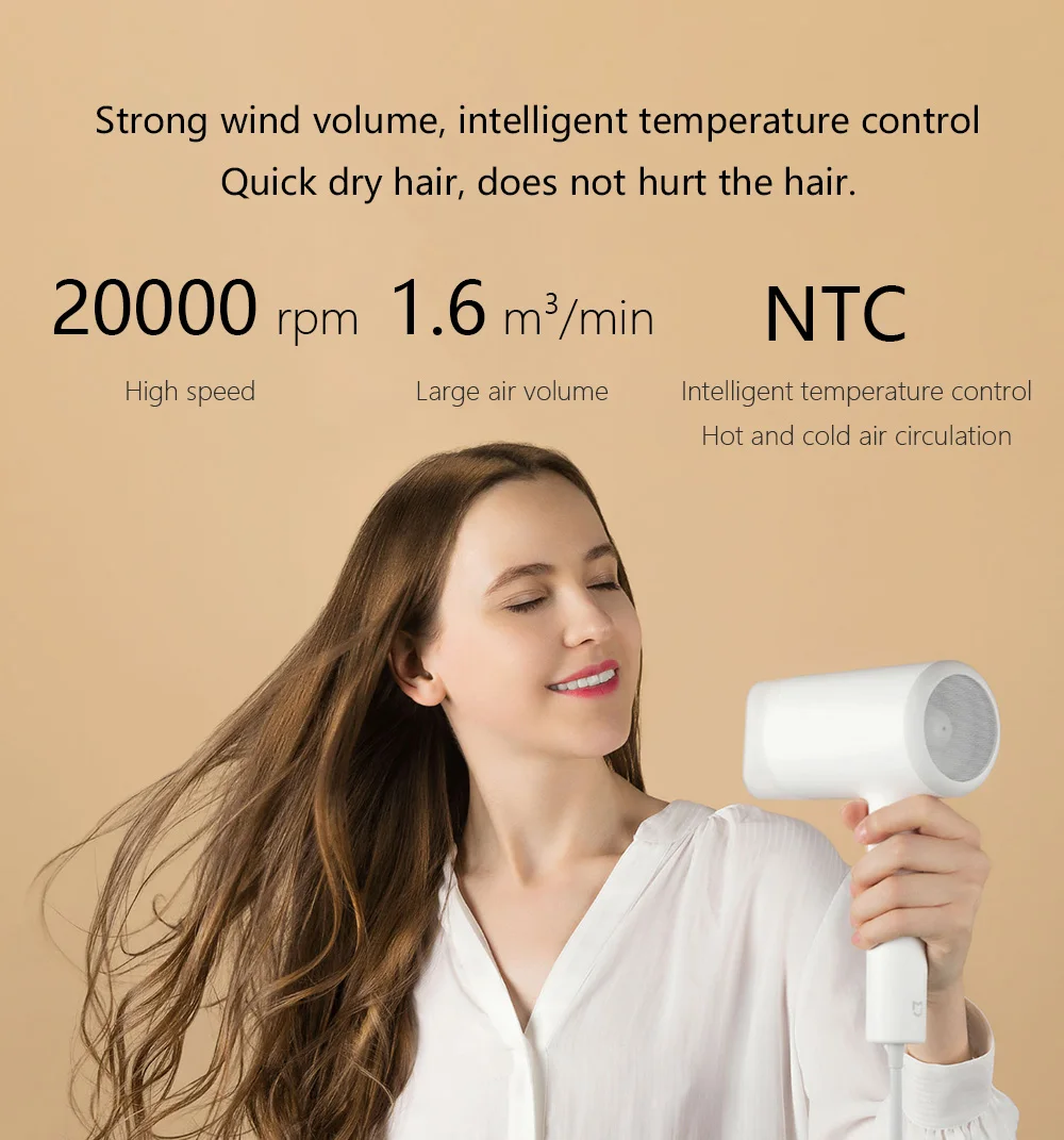 Xiaomi Mijia фен для волос 1800 Вт водный Ион электрический фен для волос Быстросохнущий ион для защиты волос умный фен с контролем температуры