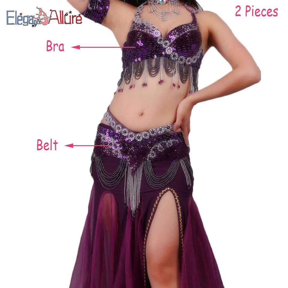 Purple 2pcs BRBE E&A, 2 шт., женский костюм для танца живота, комплект для выступлений, набор для танца живота, модный топ, пояс, ожерелье, браслет, юбка, Одежда для танцев - Цвет: Purple 2pcs BRBE
