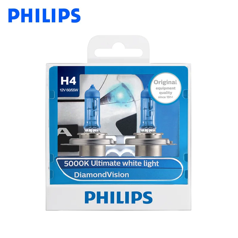 Оригинальный Philips H4 9003 12 в 60/55 Вт P43t алмазное видение 5000K супер белый свет