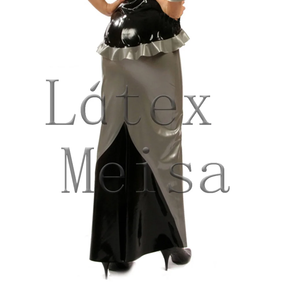 Casual women's handmade straight latex skirt with angle-length main in silver color