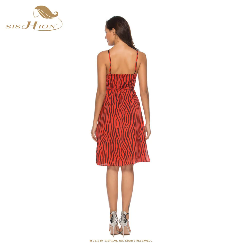 SISHION Summer Beach Dress Zebra Pattern Striped Women CD11151 Spaghetti Strap V Nech Chiffon Sexy Backless | Женская одежда