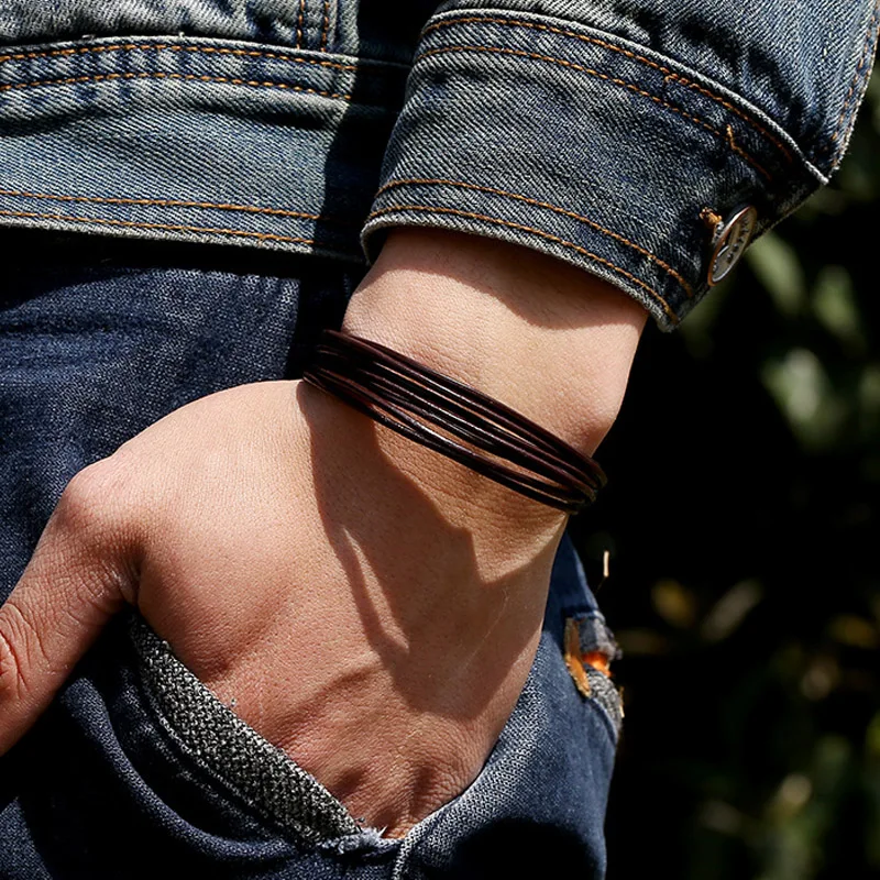 Браслет женский кожаный многослойный 21 см | Украшения и аксессуары