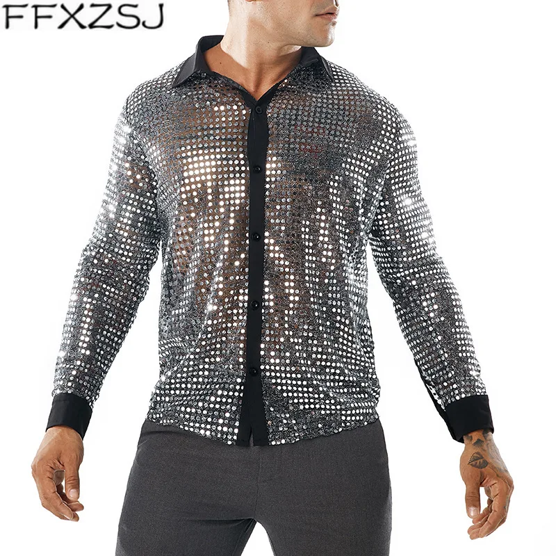

Shiny Gold Sequin Glitter Embellished Transparent Shirt Men Sexy See Through Shirt For Male Nightclub Stage Prom Dance Chemise