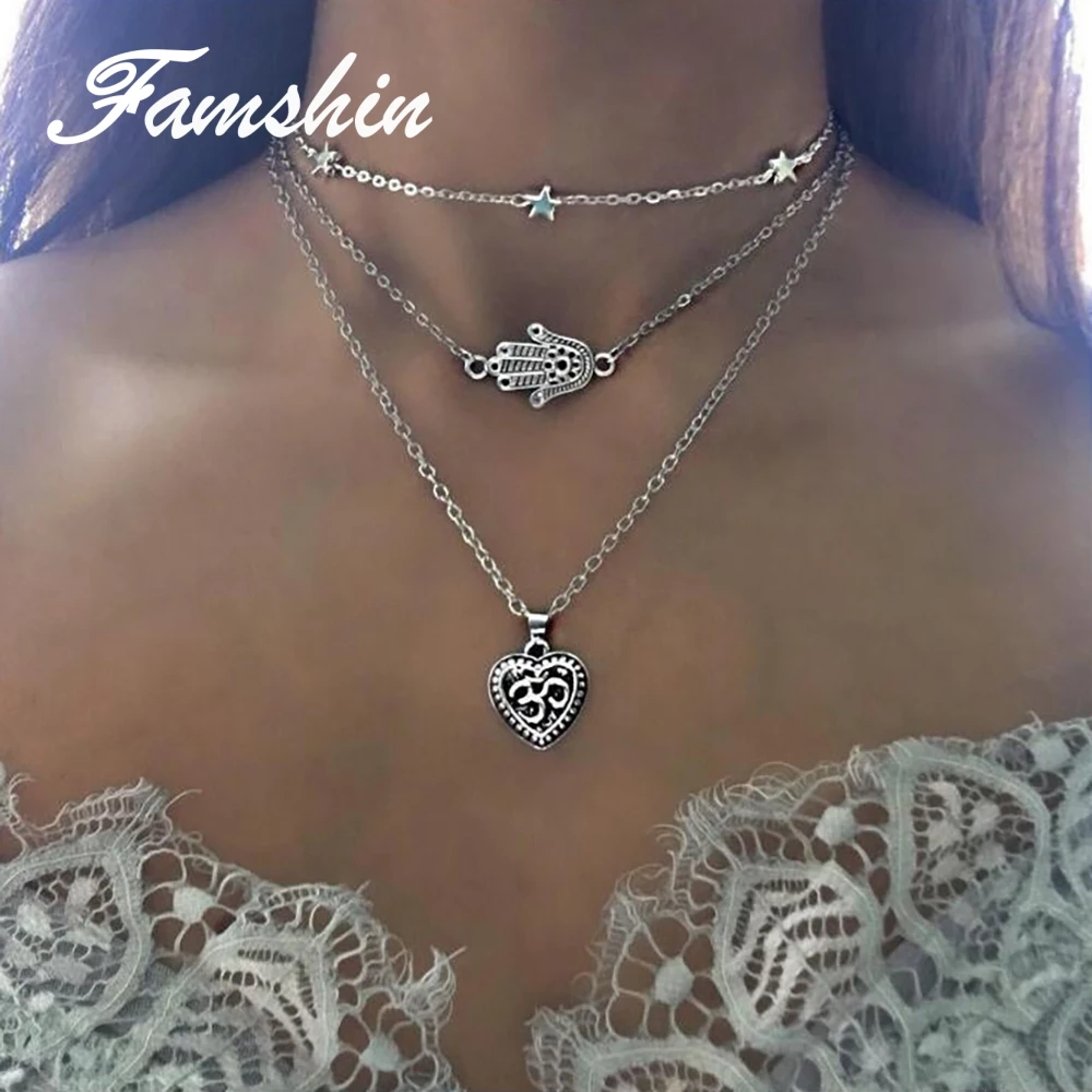 FAMSHIN богемное ожерелье с кулоном для женщин Винтажная звезда серебряного цвета