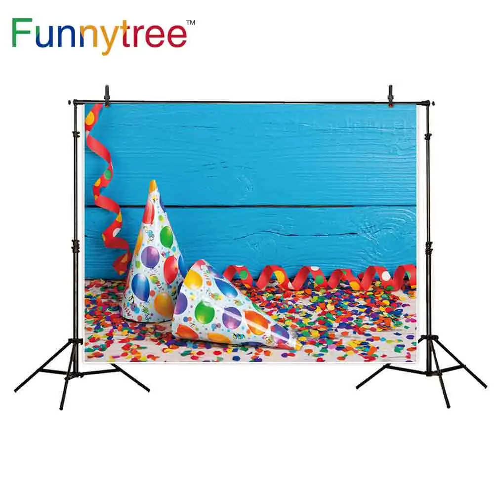 

Funnytree photography backdrops Blue wooden carnival decoration cap confetti celebration birthday photocall studio funds