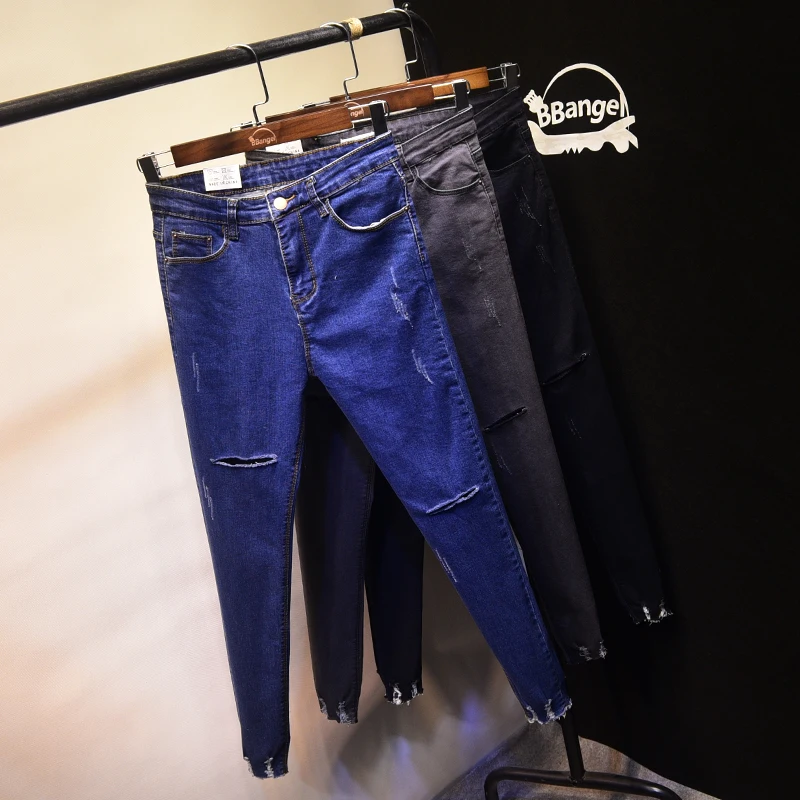 Stretch Jeans Femme Denim Ripped for Women 2018 Spring Woman Blue Grey Destroyed Feminino High Waist Pencil Pantalon |