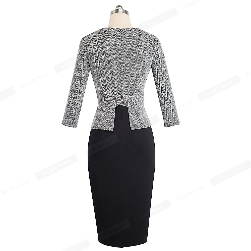 Nice-forever Vintage Elegant Print Patchwork Work Formal vestidos Business Bodycon Office Party Women Dress B500 | Женская одежда